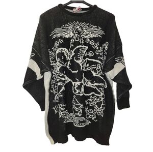 Vintage 70s Contempo Casuals Knit Black & Cream Angel/Cherub Tunic Sweater  Med